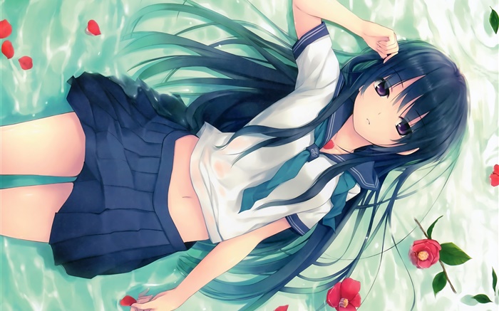 Голубые Волосы аниме девушка, поза, лежа травы, цветы обои,s изображение