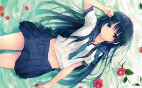 Голубые Волосы аниме девушка, поза, лежа травы, цветы HD обои