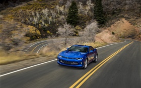 Chevrolet Camaro синий суперкар, дорога, скорость HD обои