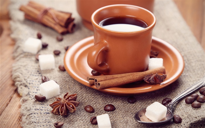 Кофе в зернах, чашки, анис, корица, сахар обои,s изображение