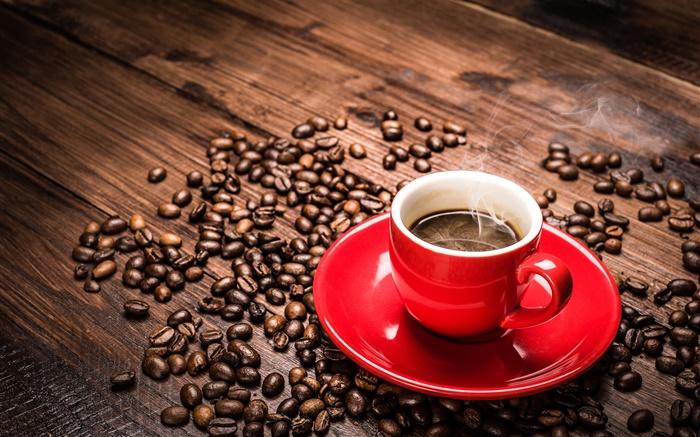Кофе в зернах, красный чашки, блюдца, пара обои,s изображение