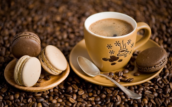 Кофе, чашка, желтый цвет, ложка, блюдце, печенье обои,s изображение