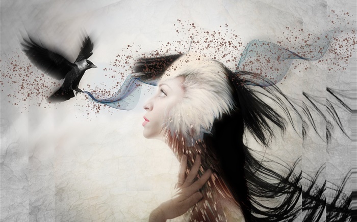 Креативный дизайн, девочка с птицей обои,s изображение