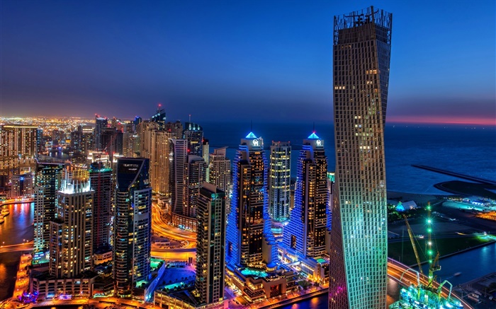 Дубай, ОАЭ, город, вечер, огни, небоскребы обои,s изображение