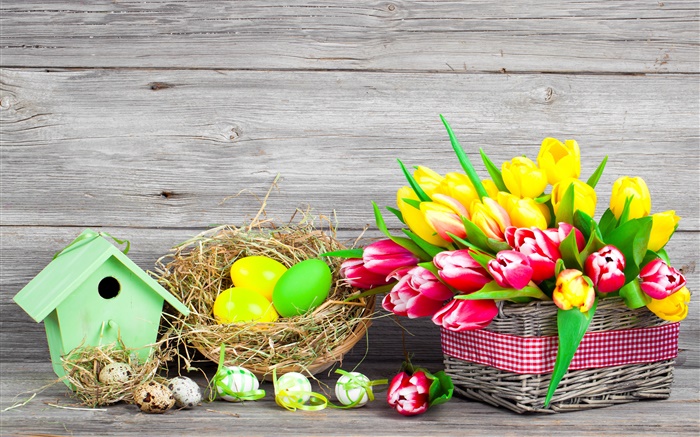 Пасха, красочные яйца, тюльпаны цветы обои,s изображение