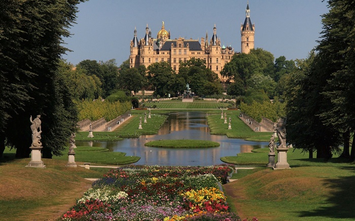 Германия, Шверин, замок, архитектура, парк, деревья, цветы обои,s изображение