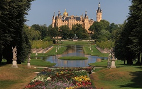 Германия, Шверин, замок, архитектура, парк, деревья, цветы HD обои