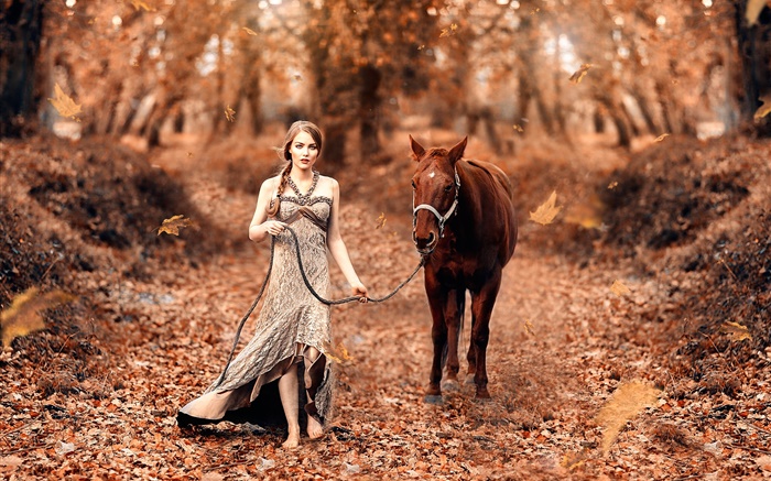 Девушка и лошадь, осень, желтые листья обои,s изображение