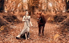 Девушка и лошадь, осень, желтые листья HD обои