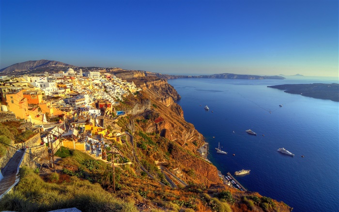 Греция, Санторини, берег, море, лодки, залив, дома обои,s изображение