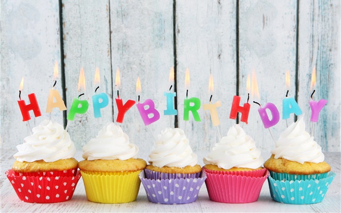 С Днем Рождения, пять кексы, свечи, красочные буквы, крем для торта обои,s изображение