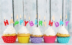 С Днем Рождения, пять кексы, свечи, красочные буквы, крем для торта HD обои