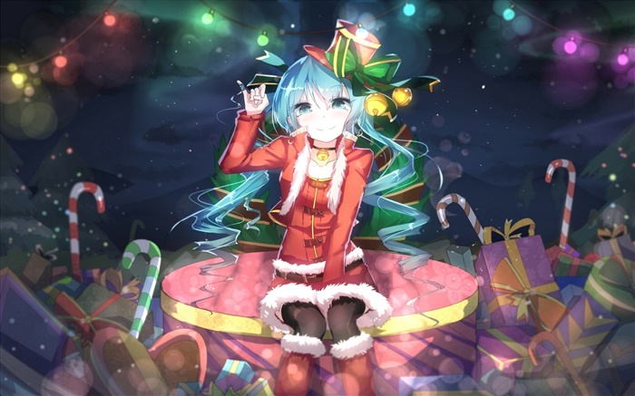 Hatsune Miku, Рождество аниме девушка, шляпа, улыбка, подарки обои,s изображение