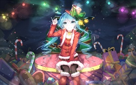 Hatsune Miku, Рождество аниме девушка, шляпа, улыбка, подарки