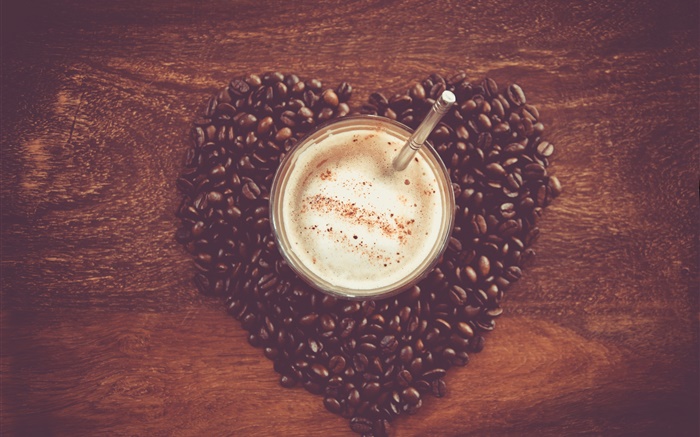 Любовь сердце кофе в зернах, стол, кружки, напитки обои,s изображение