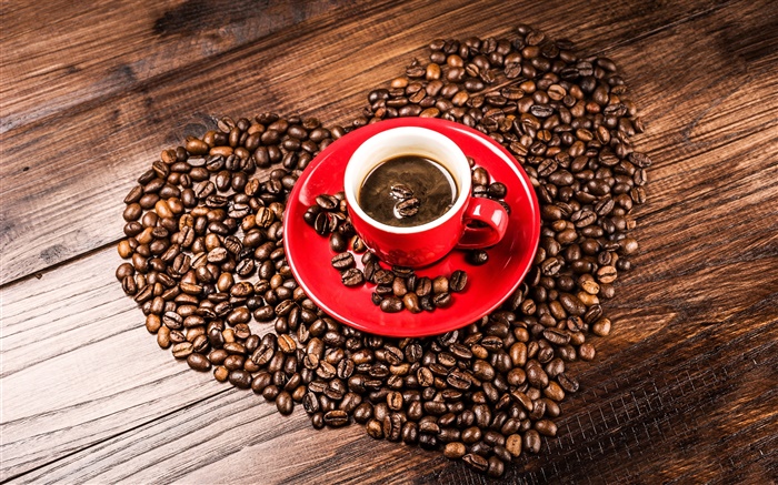 Любовь сердца кофе в зернах, зерно, Красная чашка, блюдце обои,s изображение
