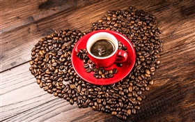 Любовь сердца кофе в зернах, зерно, Красная чашка, блюдце HD обои