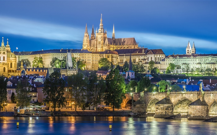 Prague, Czech Republic, река, мост, собор Святого Вита, ночь, огни обои,s изображение