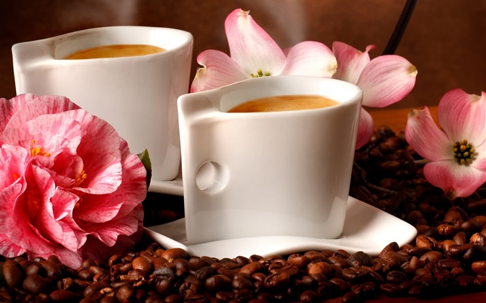 Две чашки кофе, аромат, кофе в зернах, цветы обои,s изображение