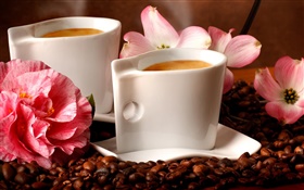 Две чашки кофе, аромат, кофе в зернах, цветы HD обои