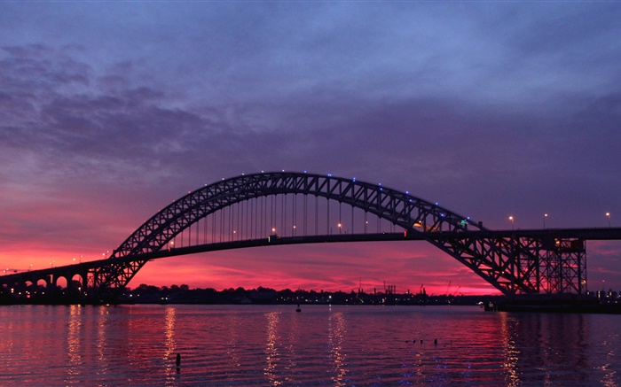 США, Нью-Джерси, Bayonne мост, река, закат, сумерки обои,s изображение