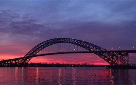 США, Нью-Джерси, Bayonne мост, река, закат, сумерки