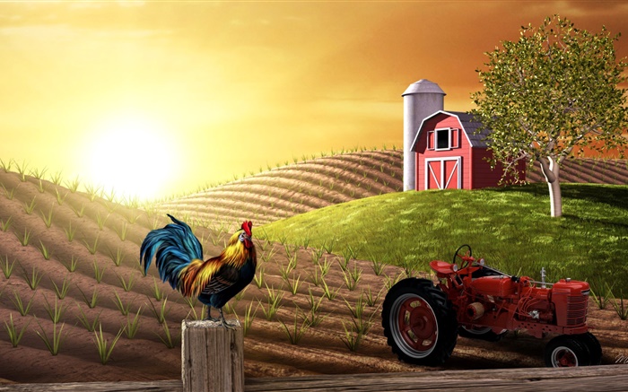 3D-изображения, фермы, поля, трактор, кран, дом, солнце обои,s изображение