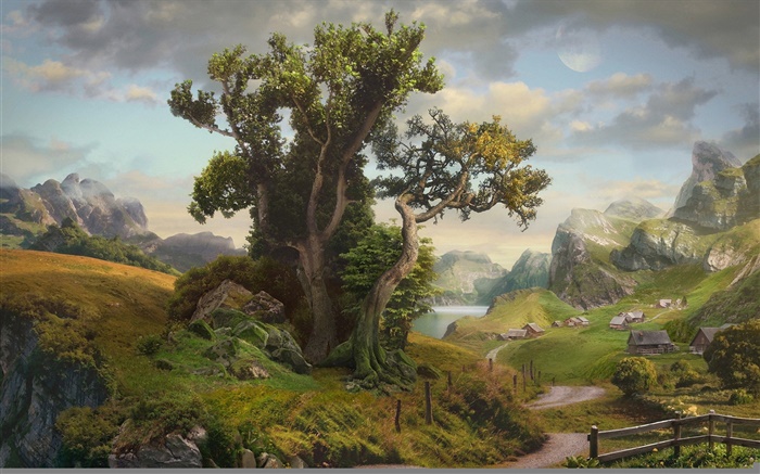 Художественная роспись, дом, деревья, деревня, горы, дорога, озеро обои,s изображение