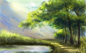 Красивая картина, лес, озеро, деревья HD обои