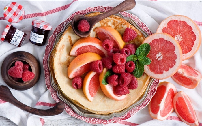 Завтрак, блин, грейпфрута ломтик, красная малина обои,s изображение