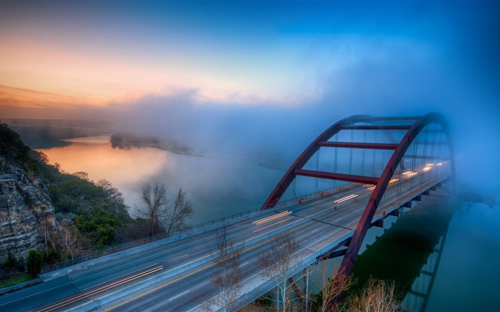 Мост, река, туман, деревья, облака, рассвет обои,s изображение