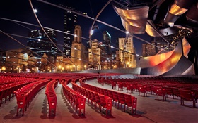 Чикаго, штат Иллинойс, США, здания, небоскребы, стулья, ночь HD обои