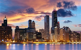 Чикаго, США, река, дома, вечер, огни HD обои