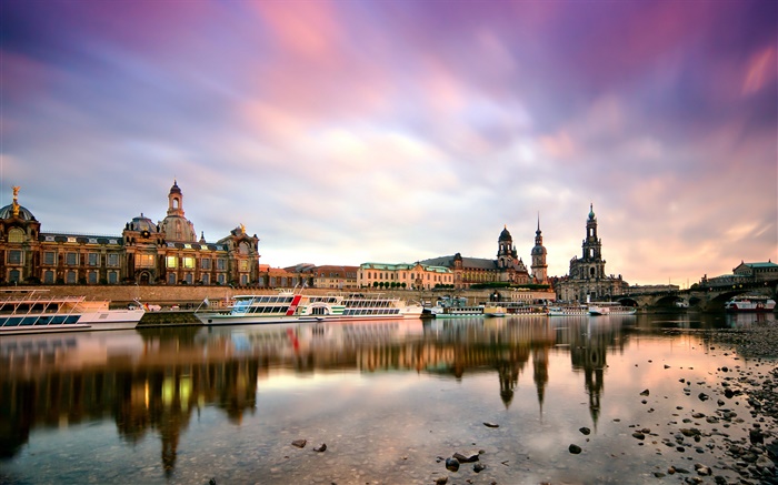 Дрезден, Германия, утро, здания, лодки, река Эльба обои,s изображение