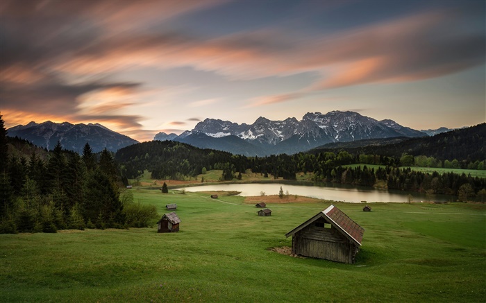 Германия, Бавария, Альпы, горы, дома, деревья, озеро обои,s изображение