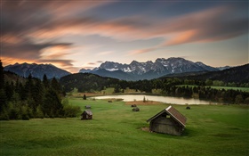 Германия, Бавария, Альпы, горы, дома, деревья, озеро HD обои