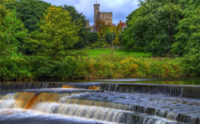 Хорнби Замок, Англия, река, ручей, деревья обои,s изображение