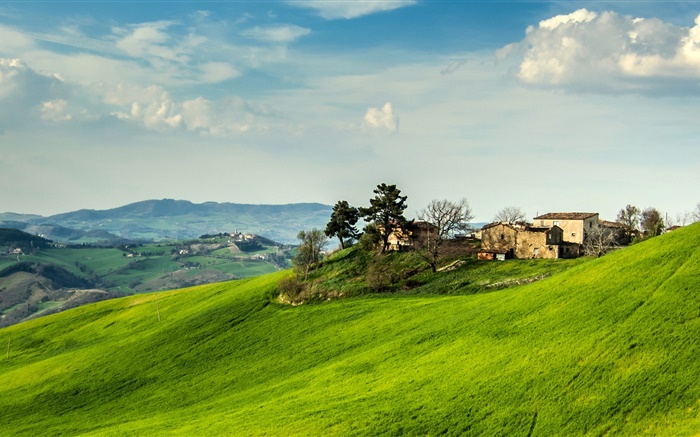 Италия, склон, трава, дом, деревья, облака обои,s изображение