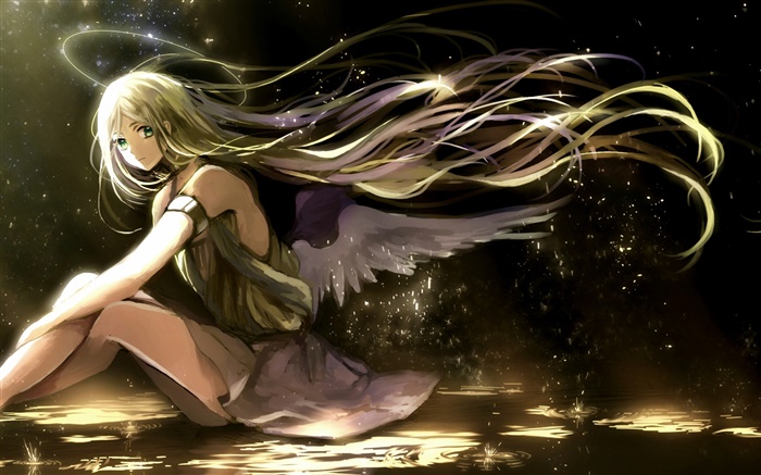 Длинные волосы аниме девушка, крылья, ангел, свет гало обои,s изображение