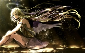 Длинные волосы аниме девушка, крылья, ангел, свет гало