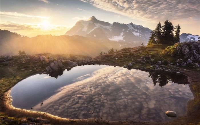Горы, пруд, отражение воды, рассвет, восход солнца обои,s изображение