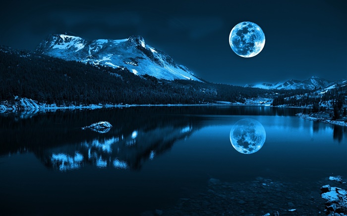 Ночь, луна, озера, горы, отражение, камни обои,s изображение