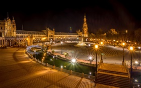 Севилья, Испания, площади, здания, ночь, огни HD обои