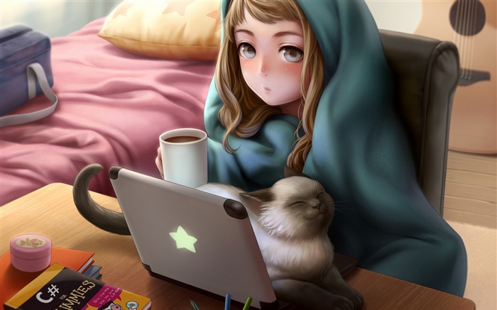 Аниме девушка использование ноутбук, комната, кошка, чай обои,s изображение