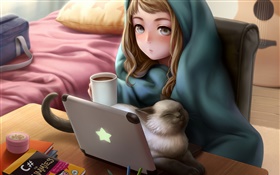 Аниме девушка использование ноутбук, комната, кошка, чай