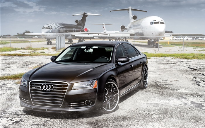 Audi седан, черный автомобиль, самолеты, аэропорт обои,s изображение