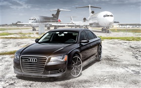Audi седан, черный автомобиль, самолеты, аэропорт