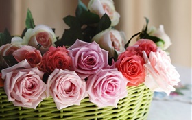 Корзина, розы, розовые, белые, красные цветы HD обои