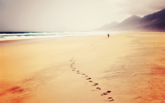 Пляж, море, следы, след, туман, люди обои,s изображение