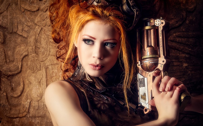 Красивая блондинка девушка, оружие, стимпанк стиль обои,s изображение